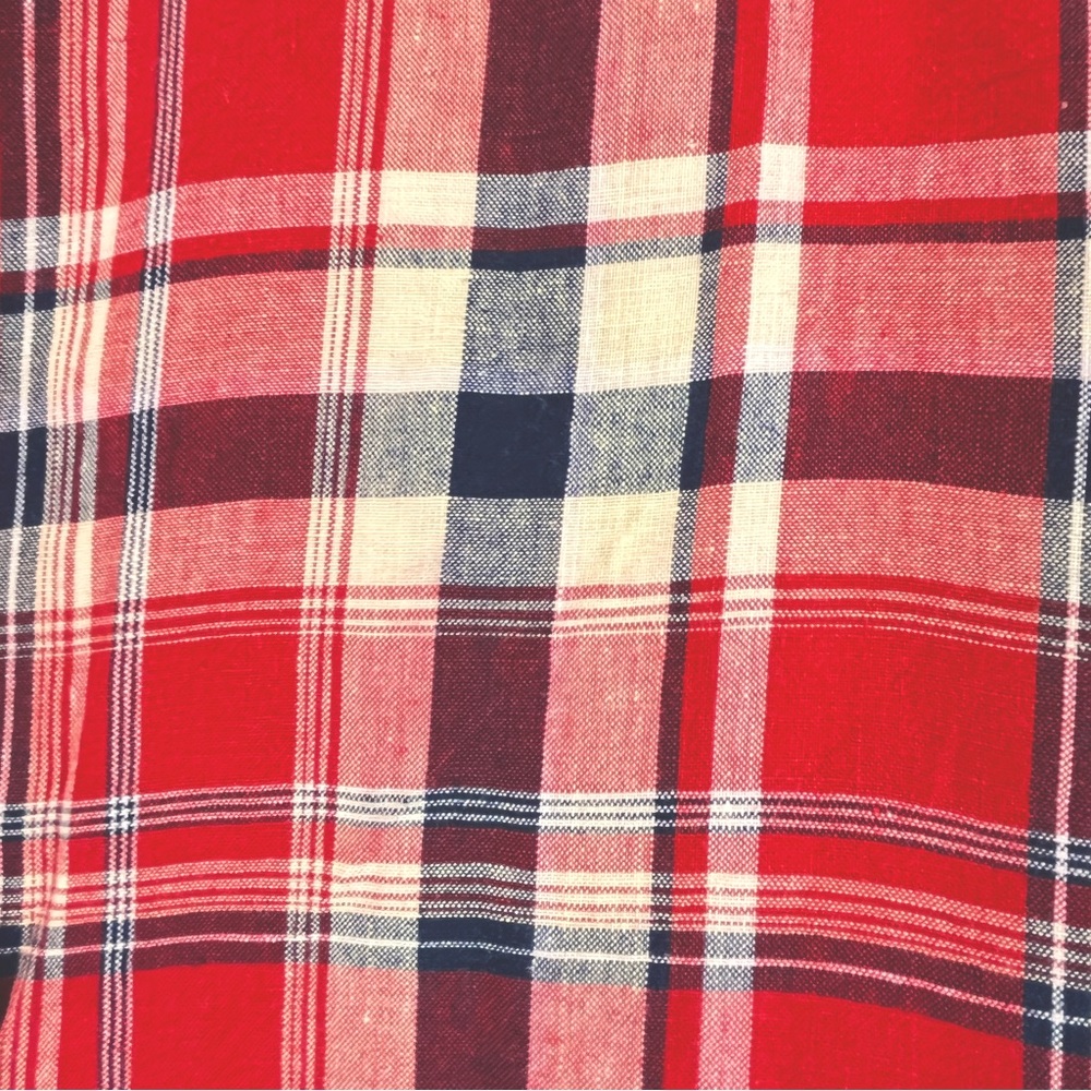 VTG Lauren Ralph Lauren 100% Linen Plaid Button Up Shirt Navy Red Off-White S/M - Picture 10 of 14